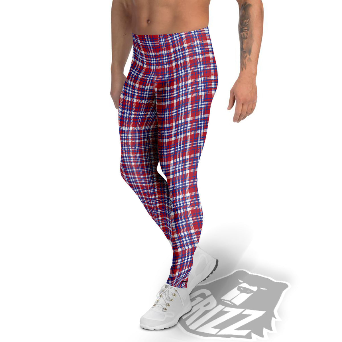 White USA Plaid And Blue Red Print Men's Leggings-grizzshop