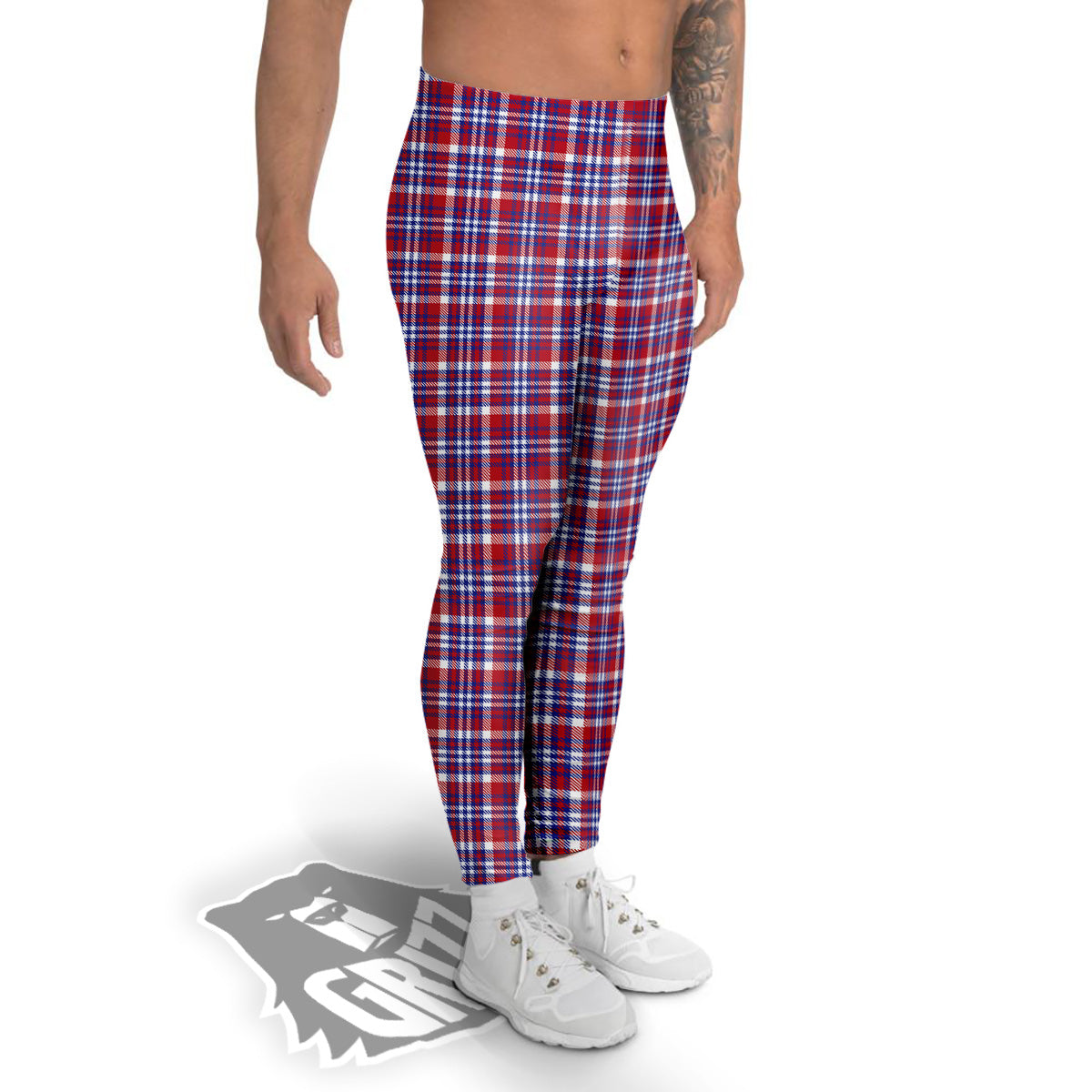 White USA Plaid And Blue Red Print Men's Leggings-grizzshop