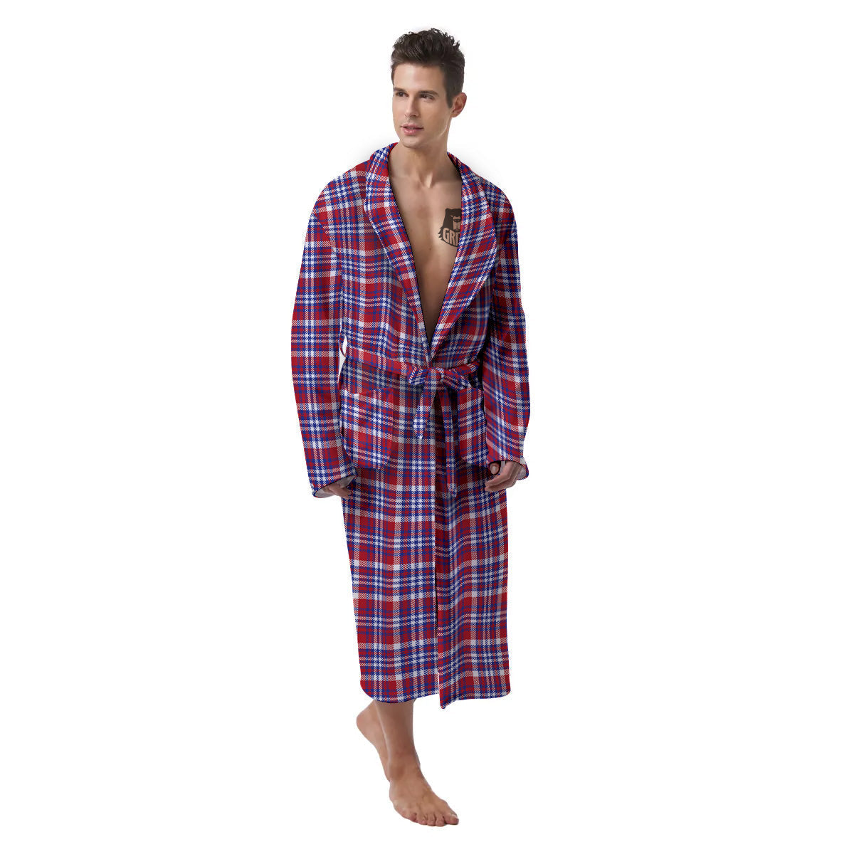 White USA Plaid And Blue Red Print Men's Robe-grizzshop