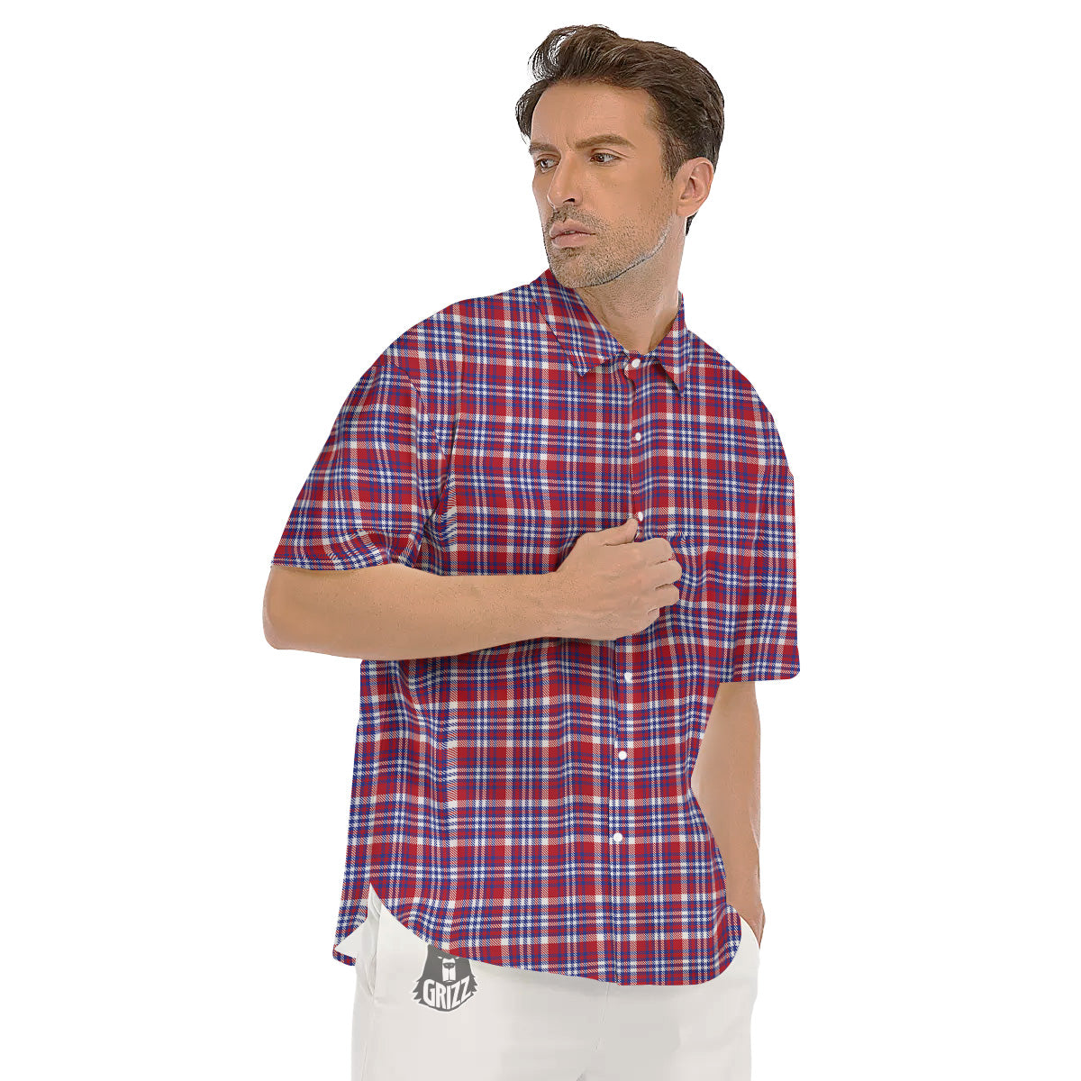 White USA Plaid And Blue Red Print Men's Short Sleeve Shirts-grizzshop