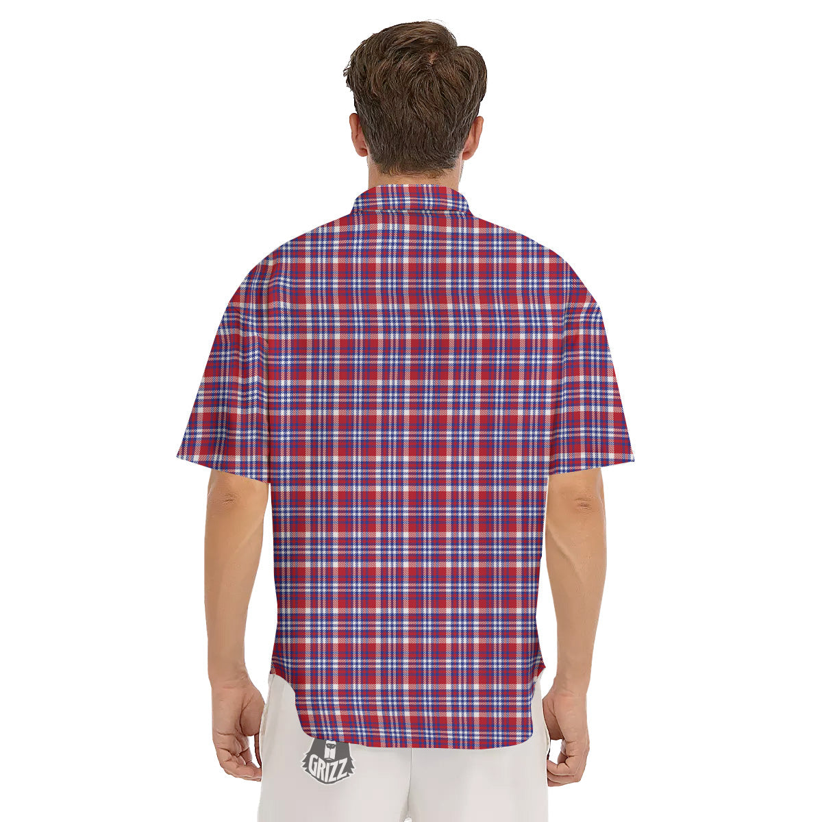 White USA Plaid And Blue Red Print Men's Short Sleeve Shirts-grizzshop