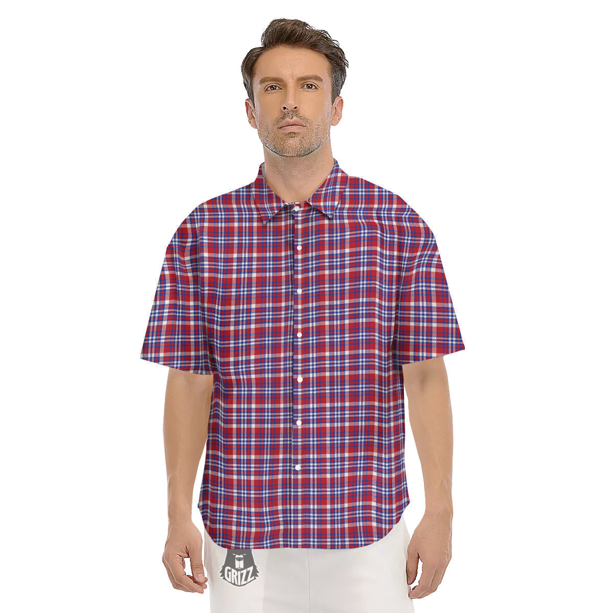 White USA Plaid And Blue Red Print Men's Short Sleeve Shirts-grizzshop