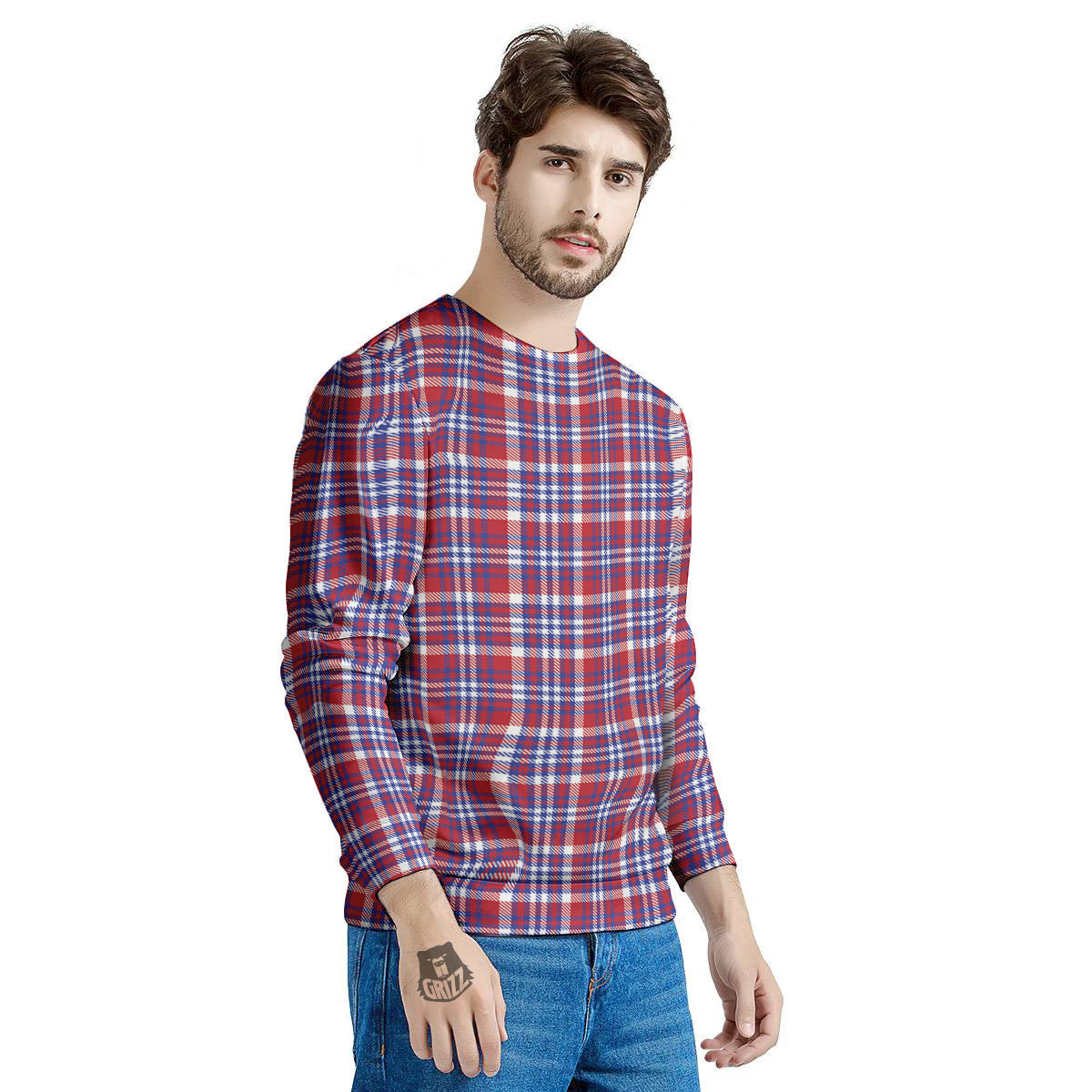 White USA Plaid And Blue Red Print Men's Sweatshirt-grizzshop