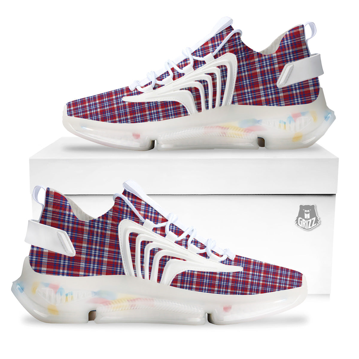 White USA Plaid And Blue Red Print White Gym Shoes-grizzshop