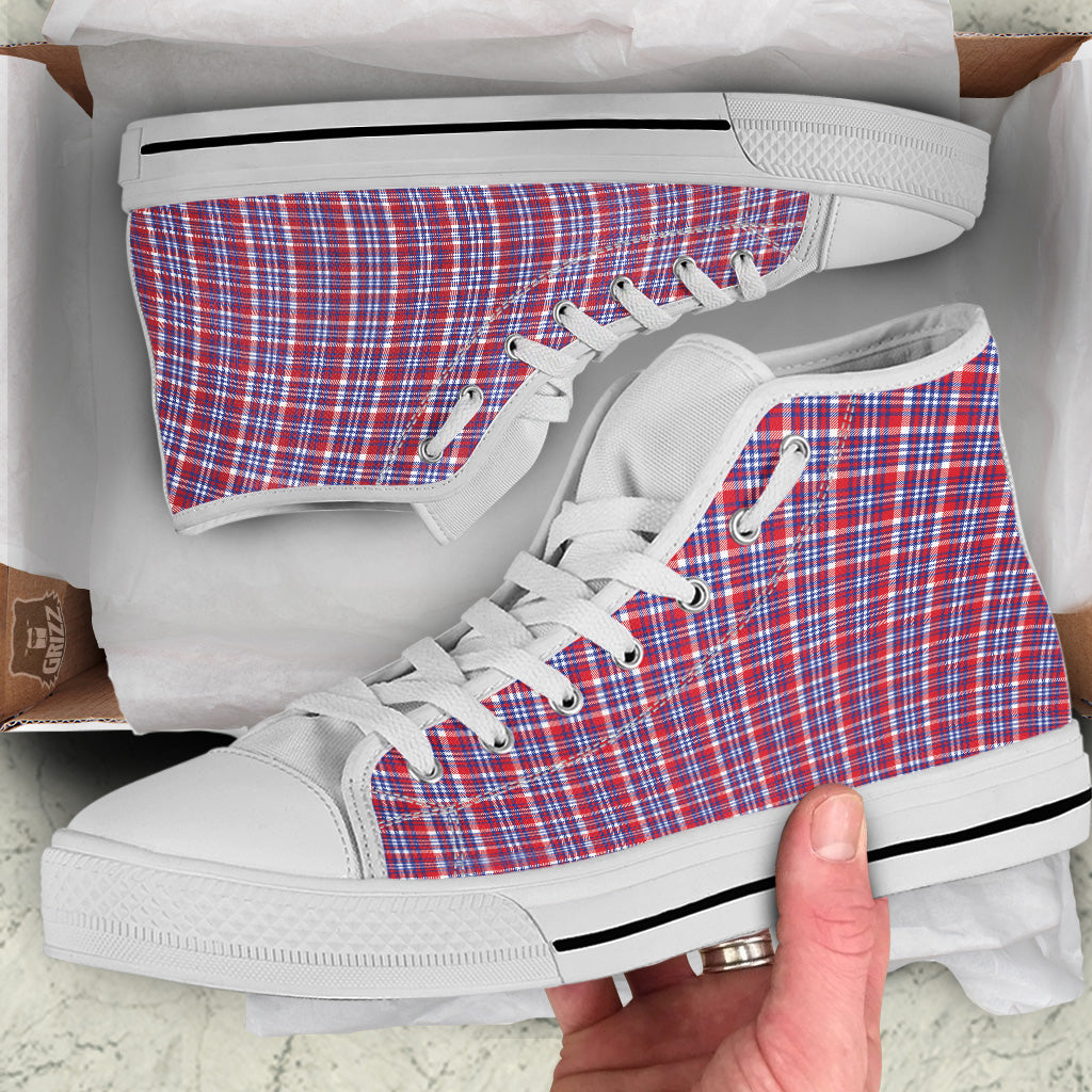 White USA Plaid And Blue Red Print White High Top Shoes-grizzshop