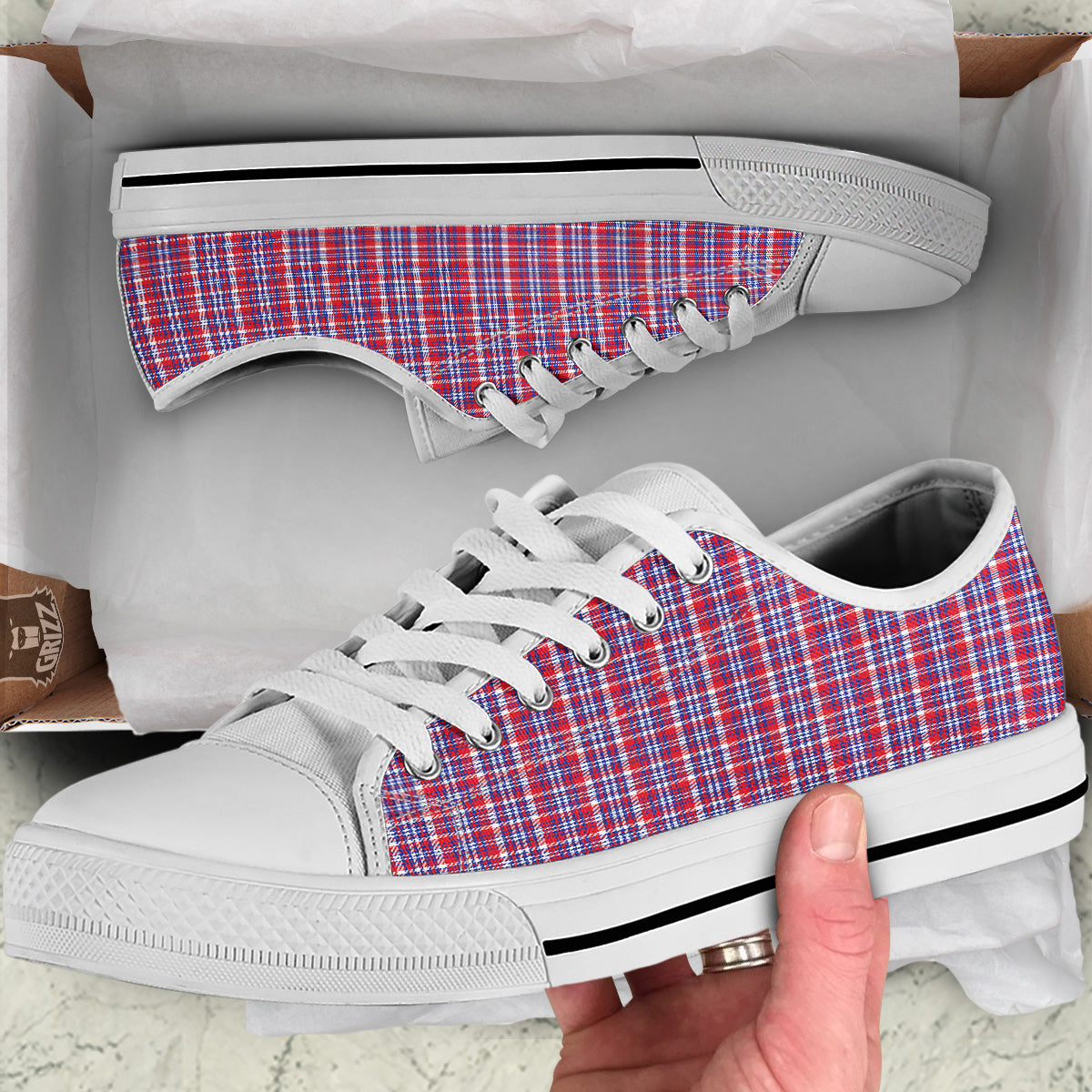 White USA Plaid And Blue Red Print White Low Top Shoes-grizzshop