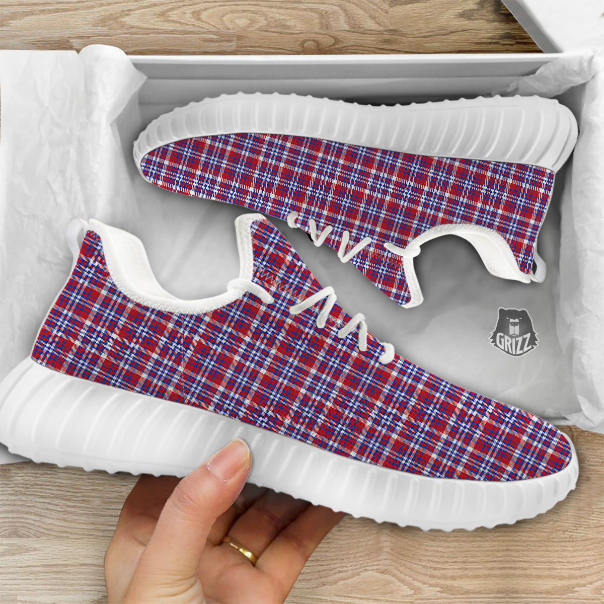 White USA Plaid And Blue Red Print White Walking Shoes-grizzshop