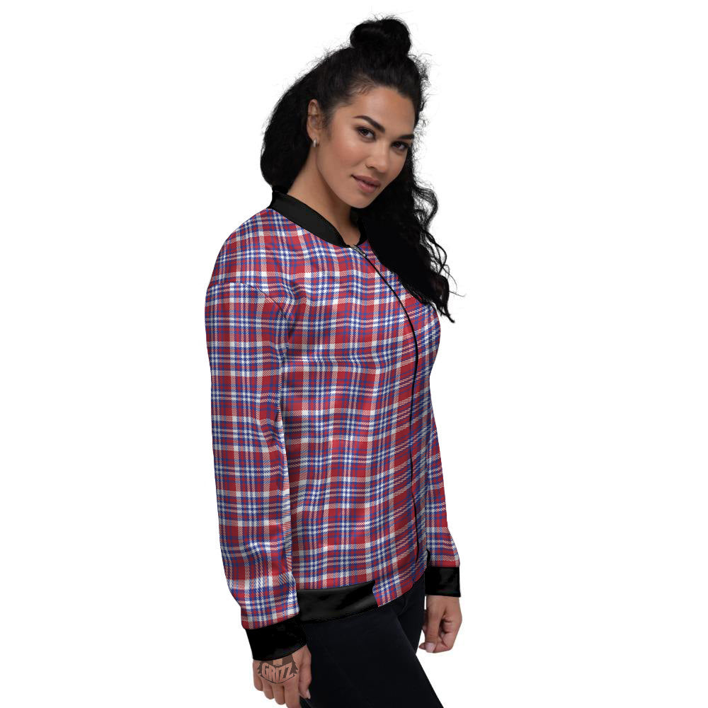 White USA Plaid And Blue Red Print Women's Bomber Jacket-grizzshop