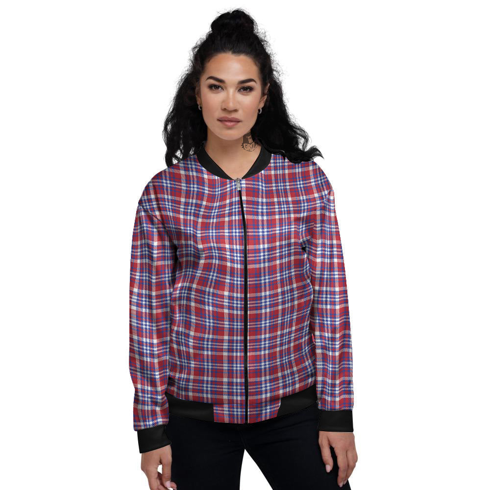 White USA Plaid And Blue Red Print Women's Bomber Jacket-grizzshop