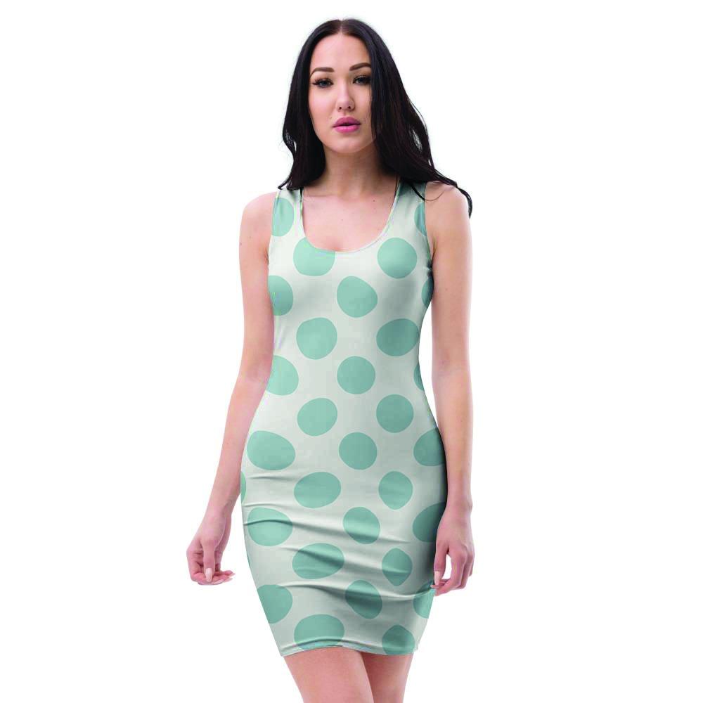 White and Teal Polka Dot Bodycon Dress-grizzshop