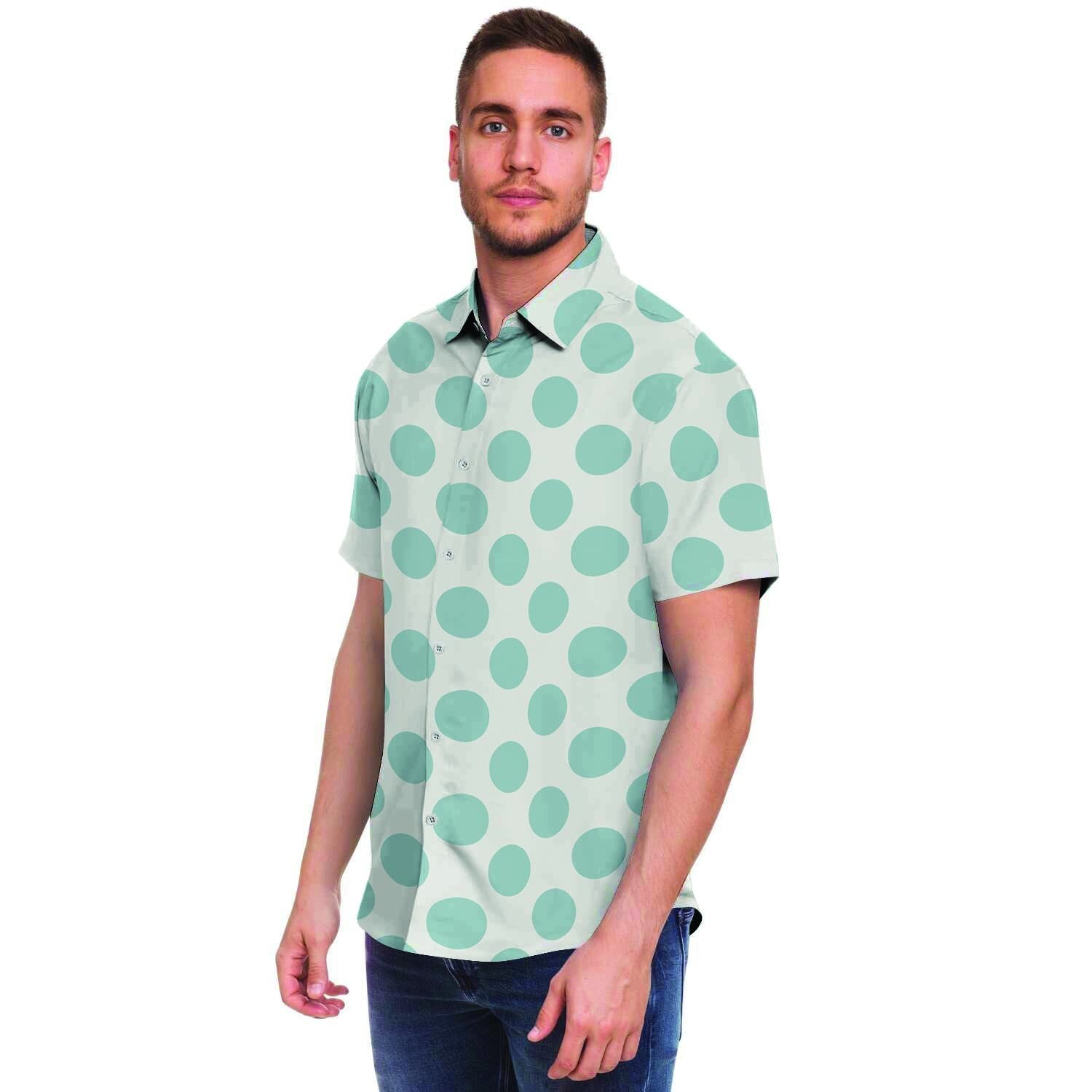 White and Teal Polka Dot Men's Short Sleeve Shirt-grizzshop
