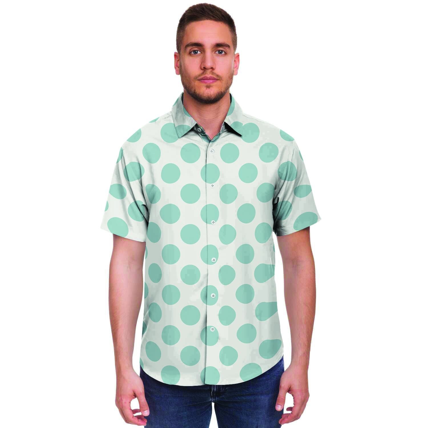 White and Teal Polka Dot Men's Short Sleeve Shirt-grizzshop