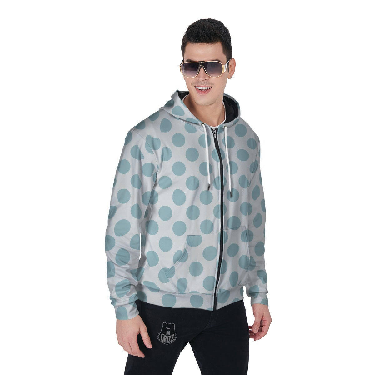 White and Teal Polka Dot Men's Zip Up Hoodie-grizzshop