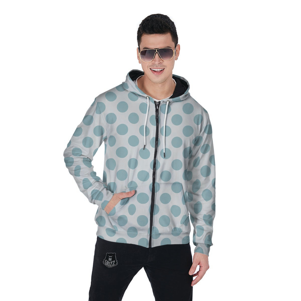 White and Teal Polka Dot Men's Zip Up Hoodie-grizzshop
