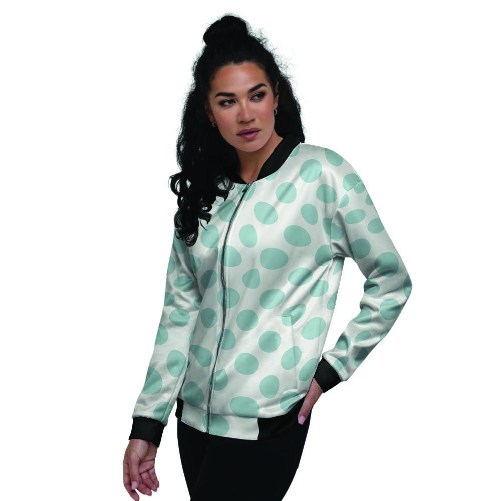 White and Teal Polka Dot Women's Bomber Jacket-grizzshop