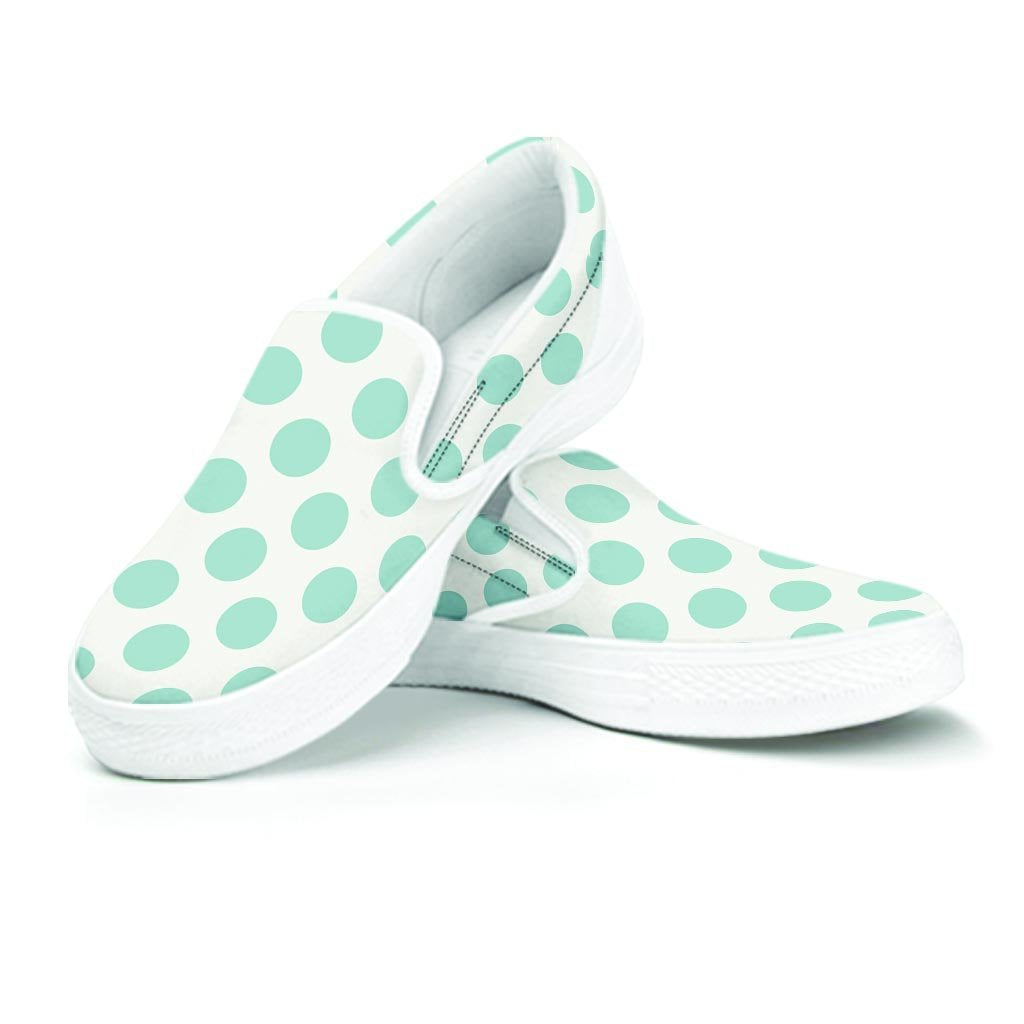 White and Teal Polka Dot Women's Slip On Sneakers-grizzshop