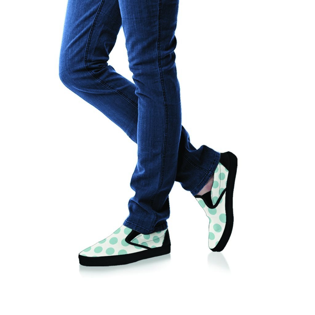 White and Teal Polka Dot Women's Slip On Sneakers-grizzshop