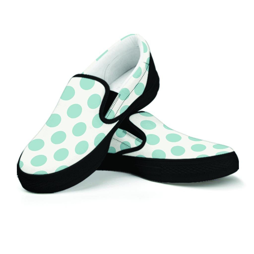 White and Teal Polka Dot Women's Slip On Sneakers-grizzshop