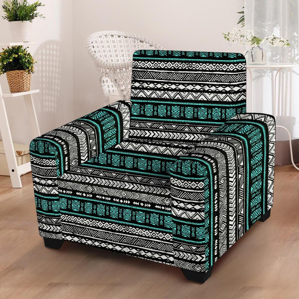 White and Turquoise Tribal Navajo Hand Drawn Armchair Cover-grizzshop