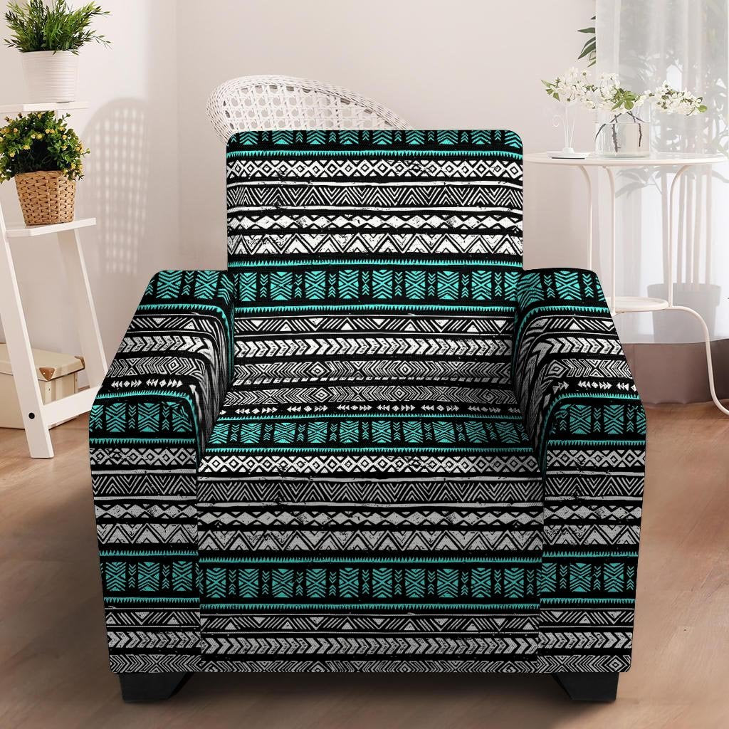 White and Turquoise Tribal Navajo Hand Drawn Armchair Cover-grizzshop