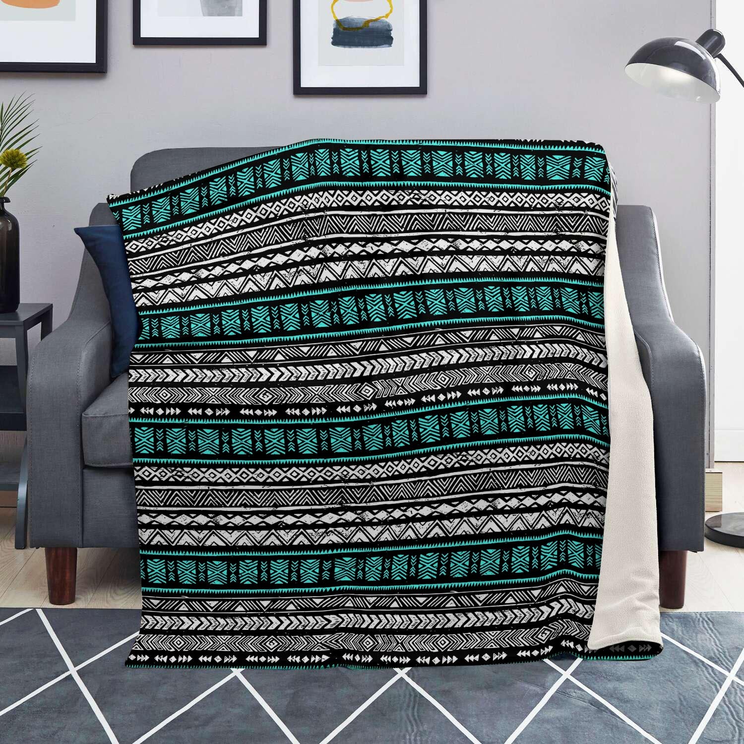 White and Turquoise Tribal Navajo Hand Drawn Blanket-grizzshop