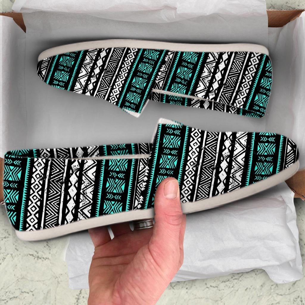 White and Turquoise Tribal Navajo Hand Drawn Canvas Shoes-grizzshop