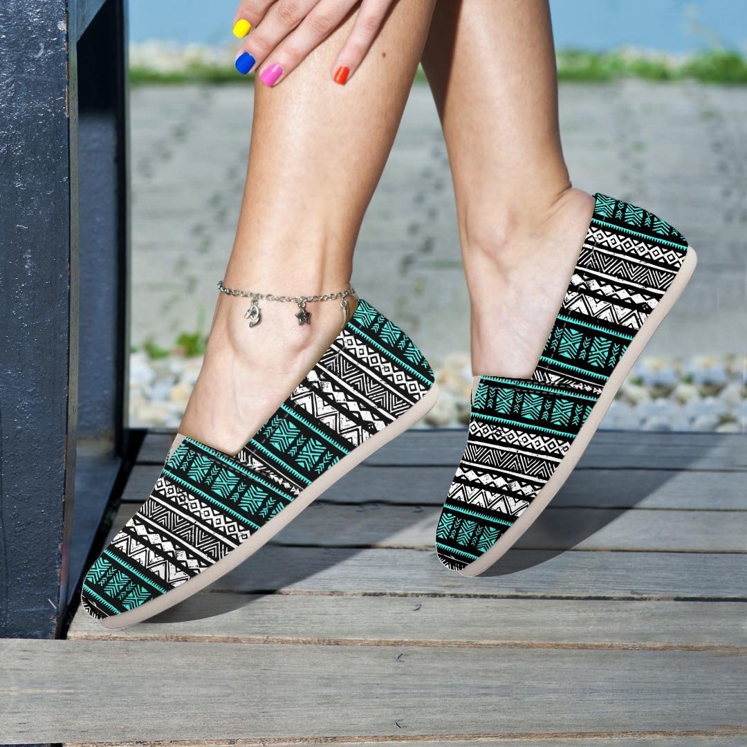 White and Turquoise Tribal Navajo Hand Drawn Canvas Shoes-grizzshop