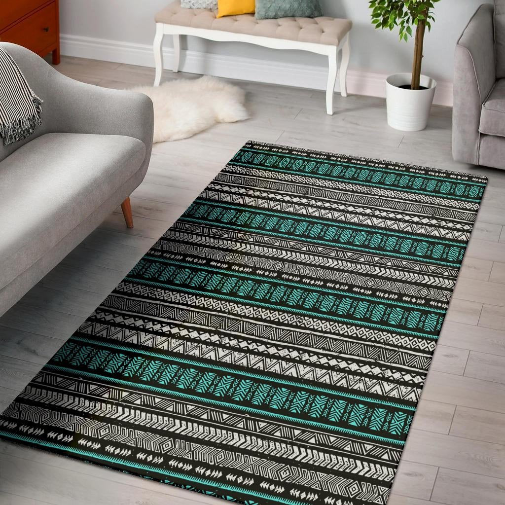 White and Turquoise Tribal Navajo Hand Drawn Floor Mat-grizzshop