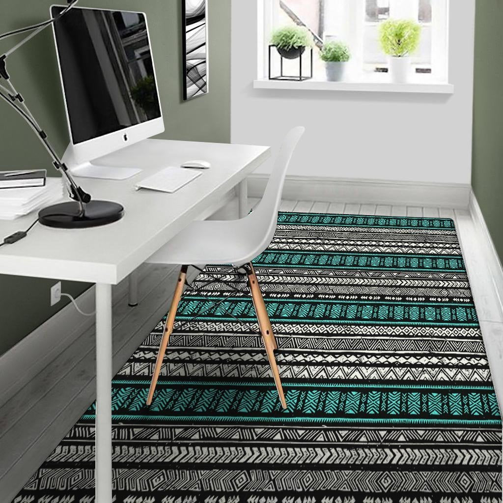 White and Turquoise Tribal Navajo Hand Drawn Floor Mat-grizzshop
