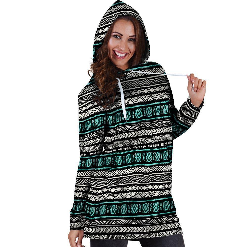 White and Turquoise Tribal Navajo Hand Drawn Hoodie Dress-grizzshop