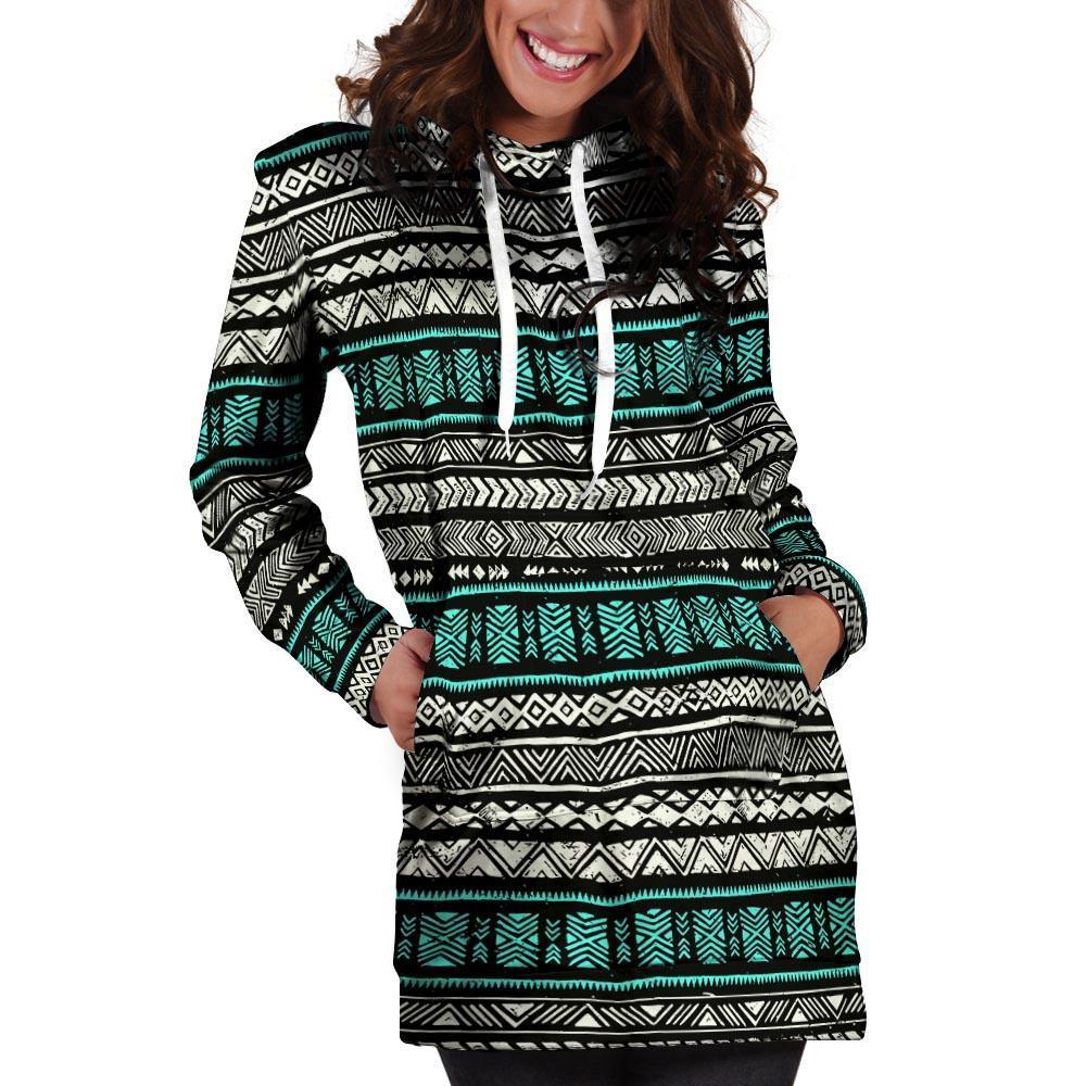 White and Turquoise Tribal Navajo Hand Drawn Hoodie Dress-grizzshop