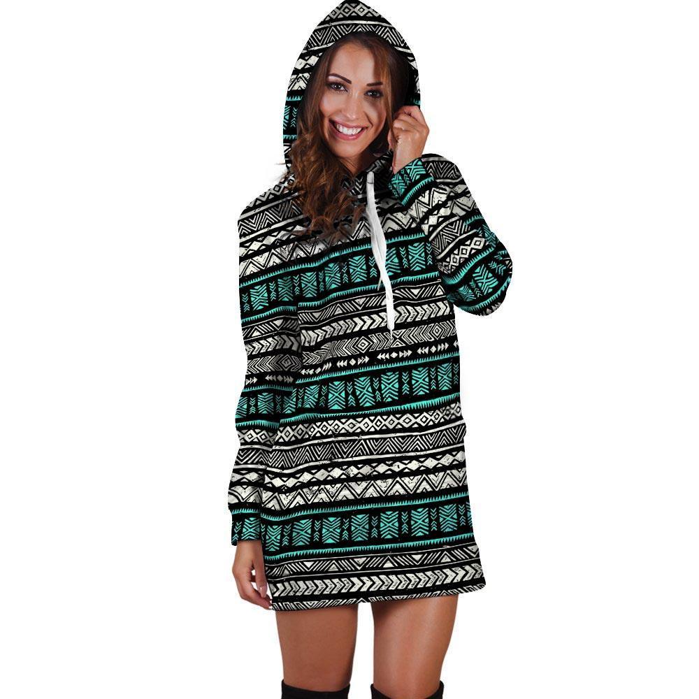 White and Turquoise Tribal Navajo Hand Drawn Hoodie Dress-grizzshop