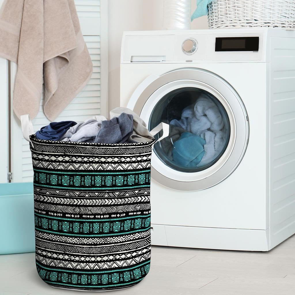 White and Turquoise Tribal Navajo Hand Drawn Laundry Basket-grizzshop