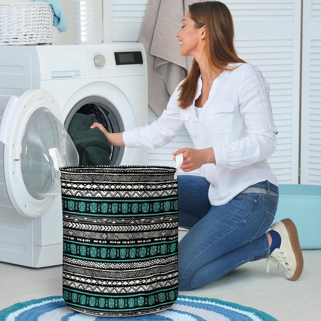 White and Turquoise Tribal Navajo Hand Drawn Laundry Basket-grizzshop