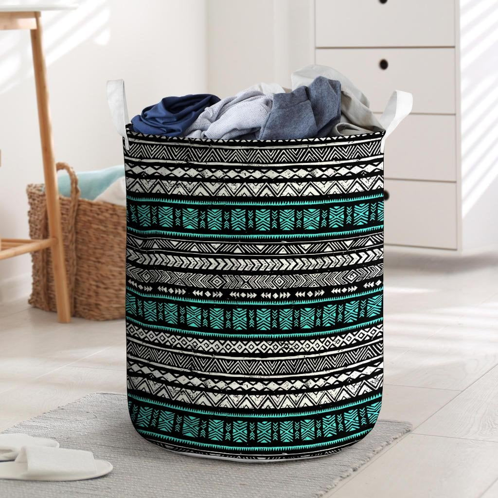 White and Turquoise Tribal Navajo Hand Drawn Laundry Basket-grizzshop