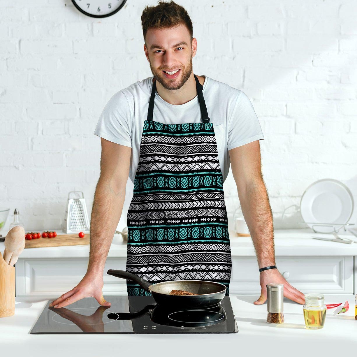 White and Turquoise Tribal Navajo Hand Drawn Men's Apron-grizzshop