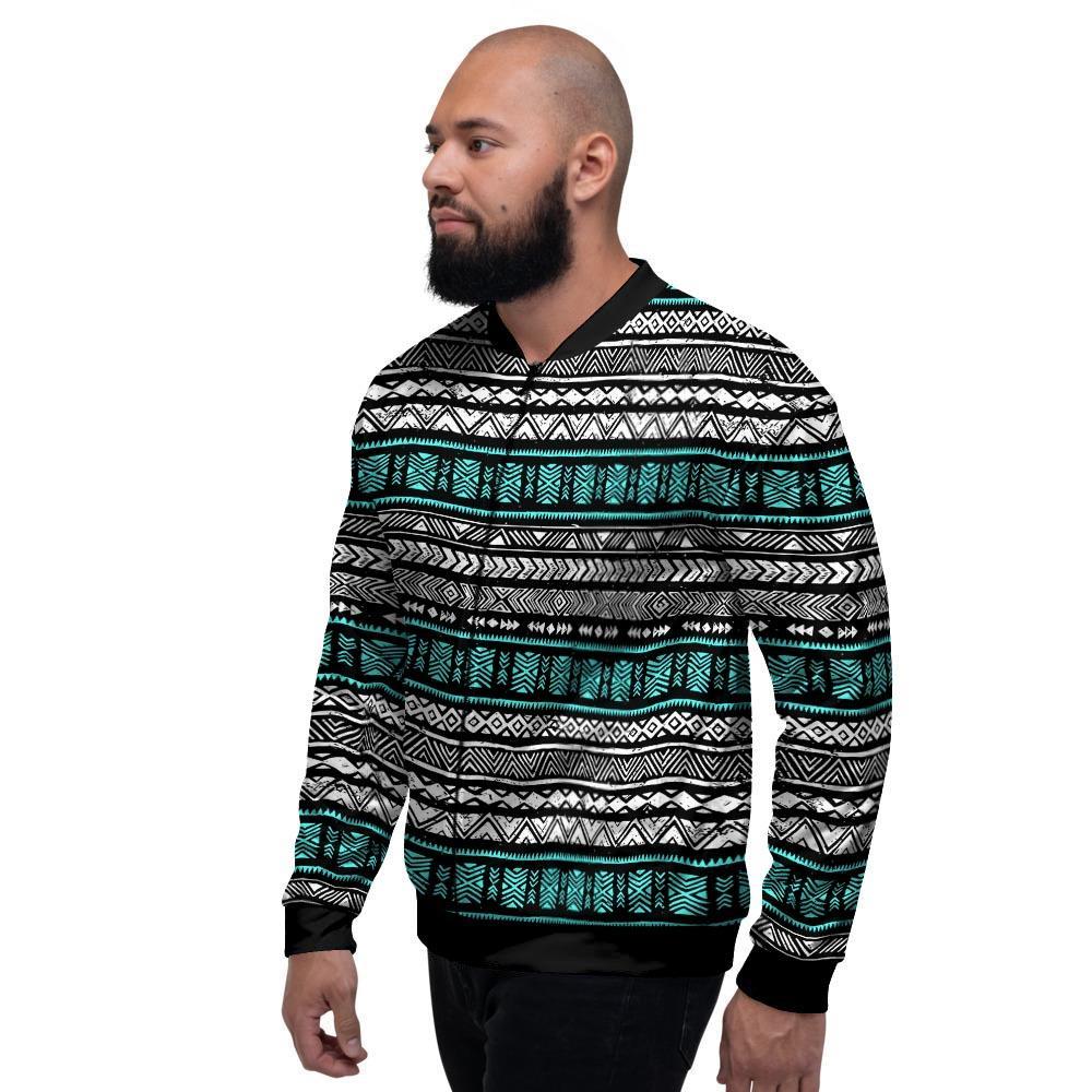 White and Turquoise Tribal Navajo Hand Drawn Men's Bomber Jacket-grizzshop