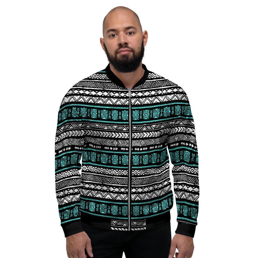 White and Turquoise Tribal Navajo Hand Drawn Men's Bomber Jacket-grizzshop