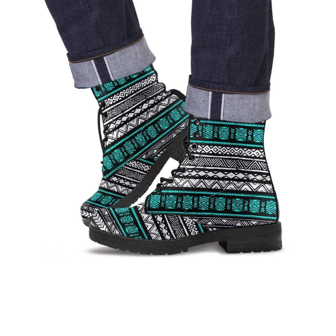 White and Turquoise Tribal Navajo Hand Drawn Men's Boots-grizzshop