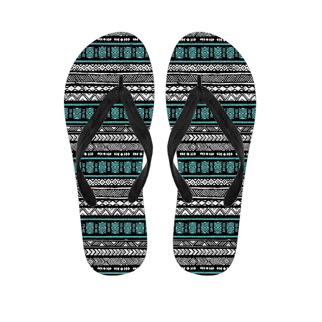White and Turquoise Tribal Navajo Hand Drawn Men's Flip Flops-grizzshop
