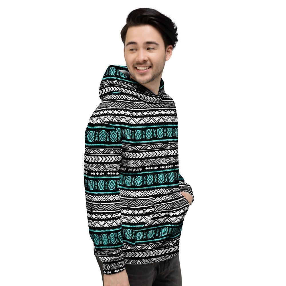 White and Turquoise Tribal Navajo Hand Drawn Men's Hoodie-grizzshop