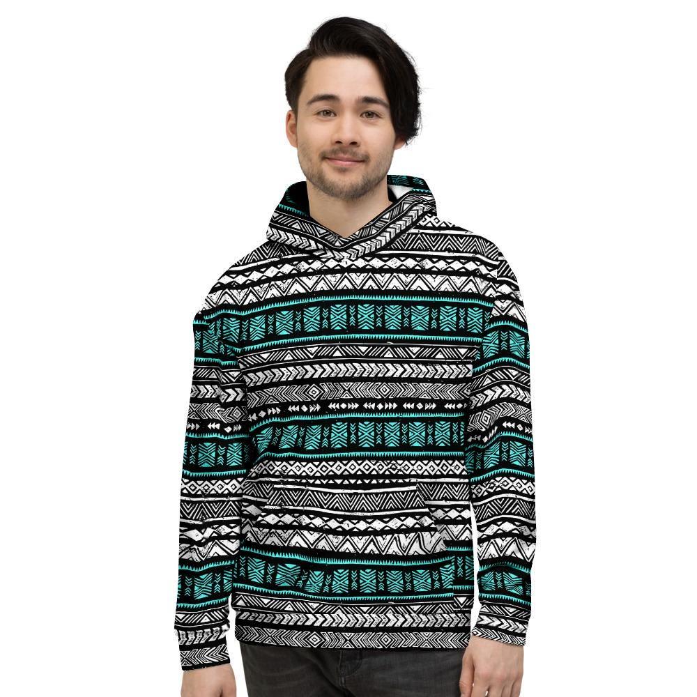 White and Turquoise Tribal Navajo Hand Drawn Men's Hoodie-grizzshop