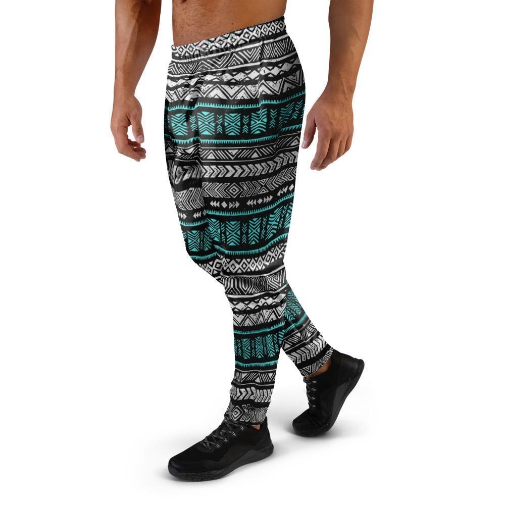 White and Turquoise Tribal Navajo Hand Drawn Men's Joggers-grizzshop