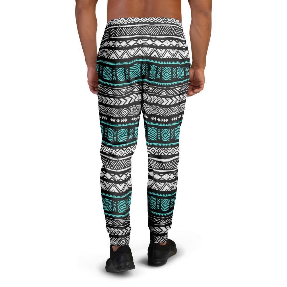 White and Turquoise Tribal Navajo Hand Drawn Men's Joggers-grizzshop