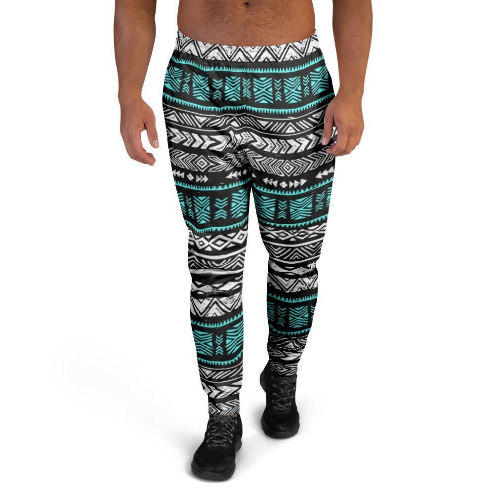 White and Turquoise Tribal Navajo Hand Drawn Men's Joggers-grizzshop