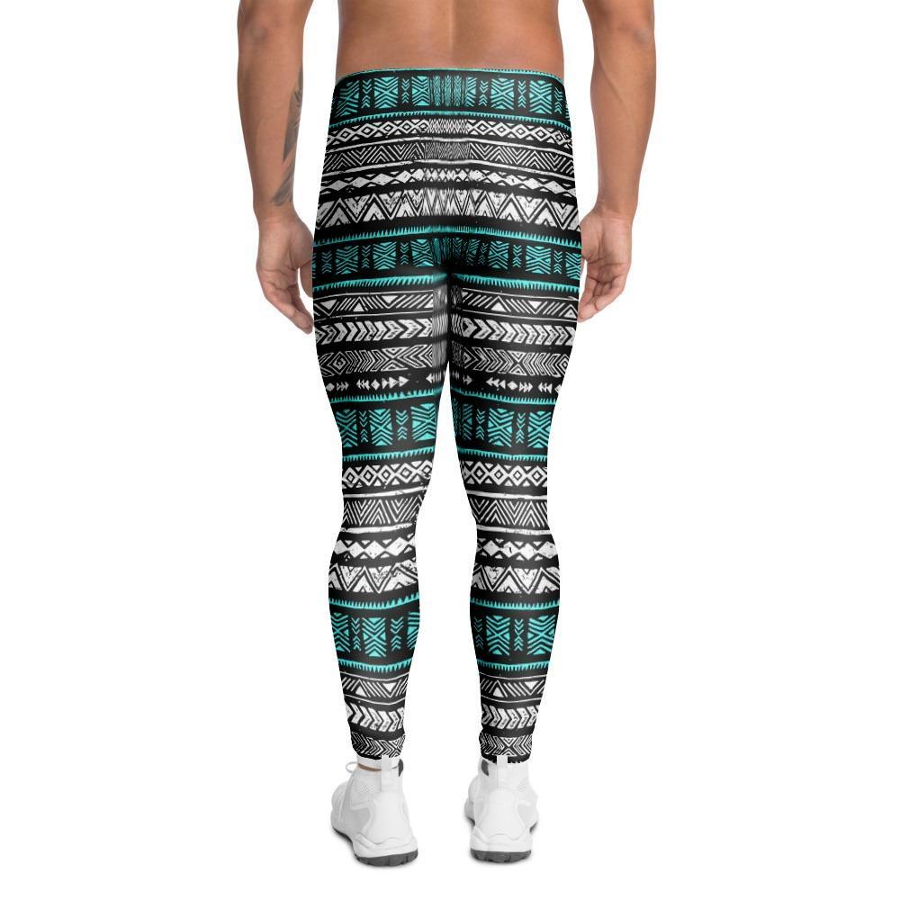 White and Turquoise Tribal Navajo Hand Drawn Men's Leggings-grizzshop