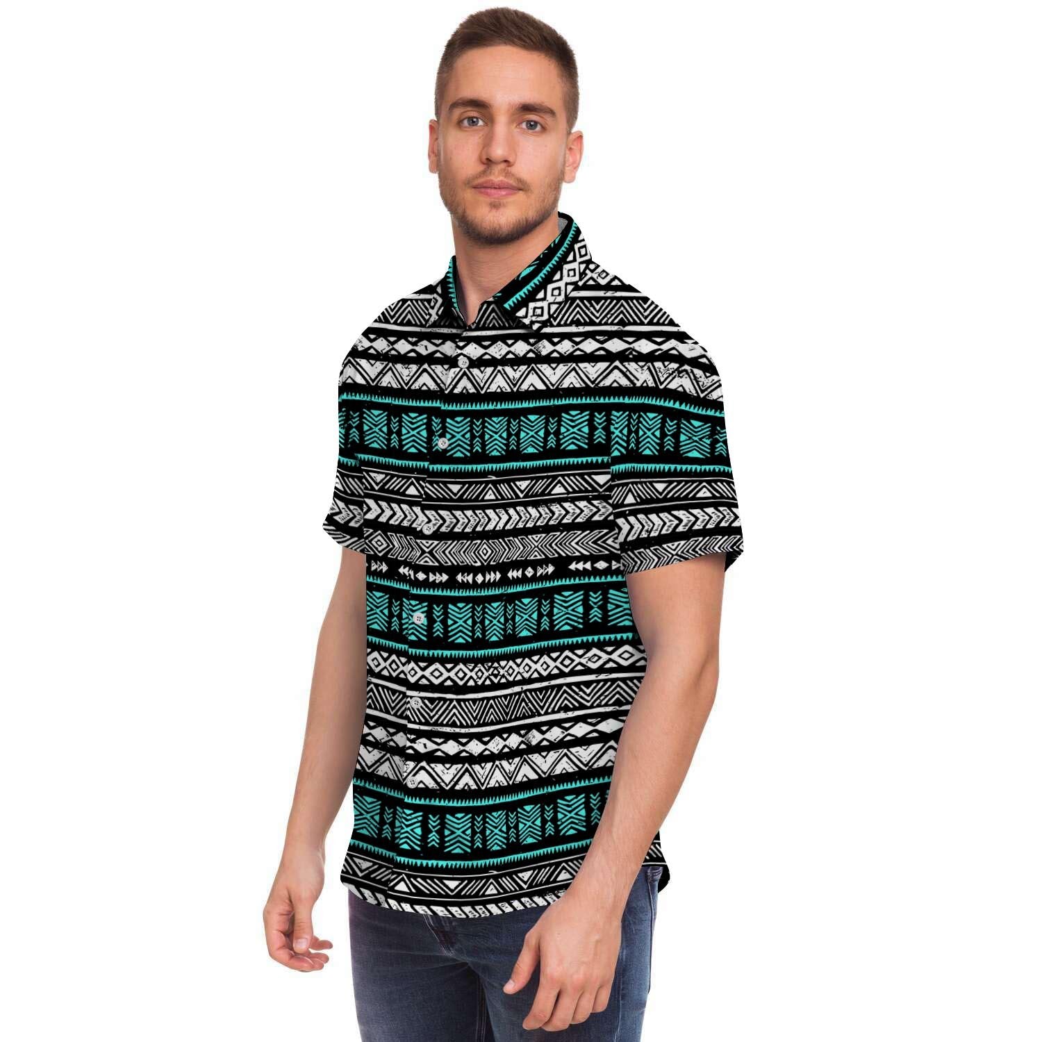 White and Turquoise Tribal Navajo Hand Drawn Men's Short Sleeve Shirt-grizzshop