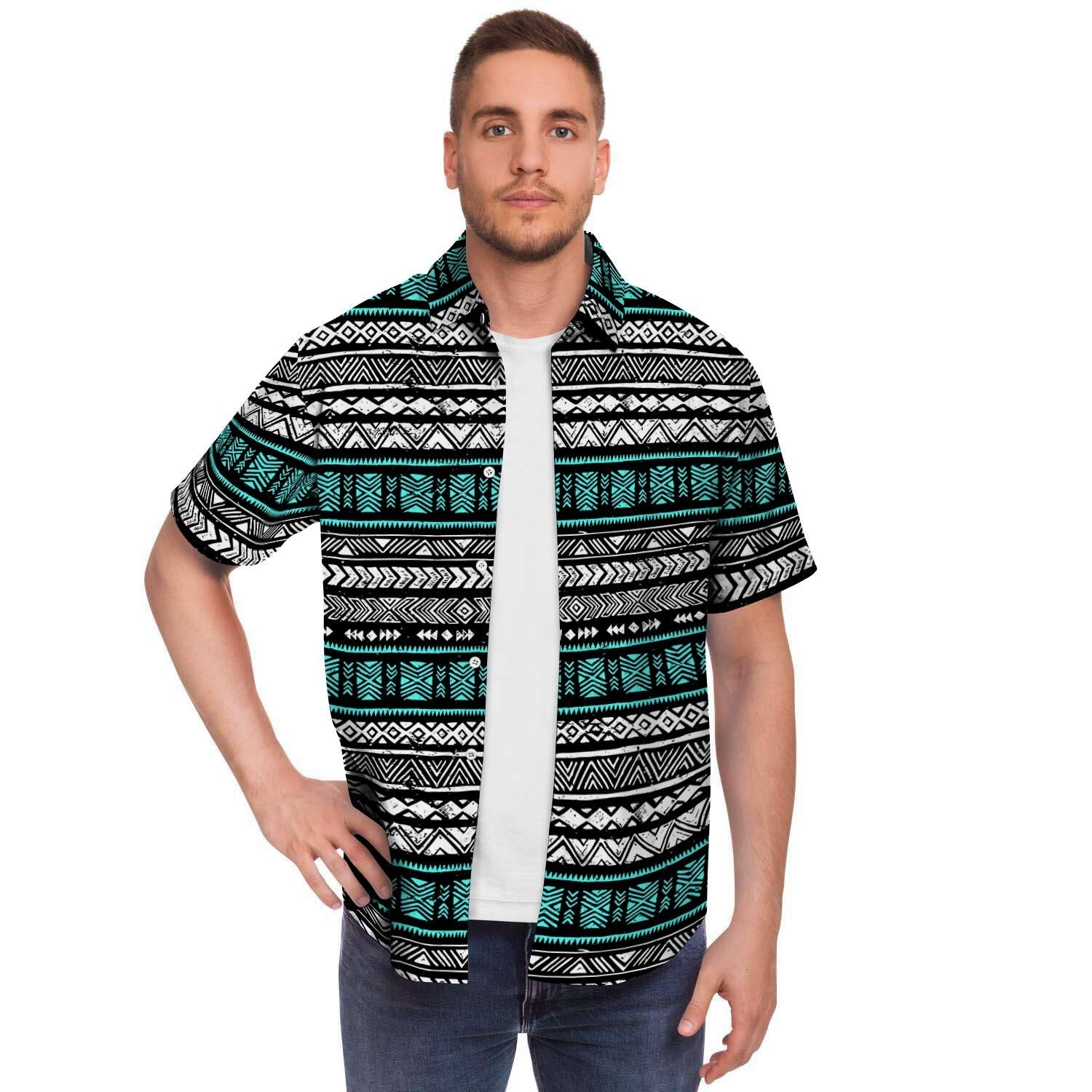White and Turquoise Tribal Navajo Hand Drawn Men's Short Sleeve Shirt-grizzshop