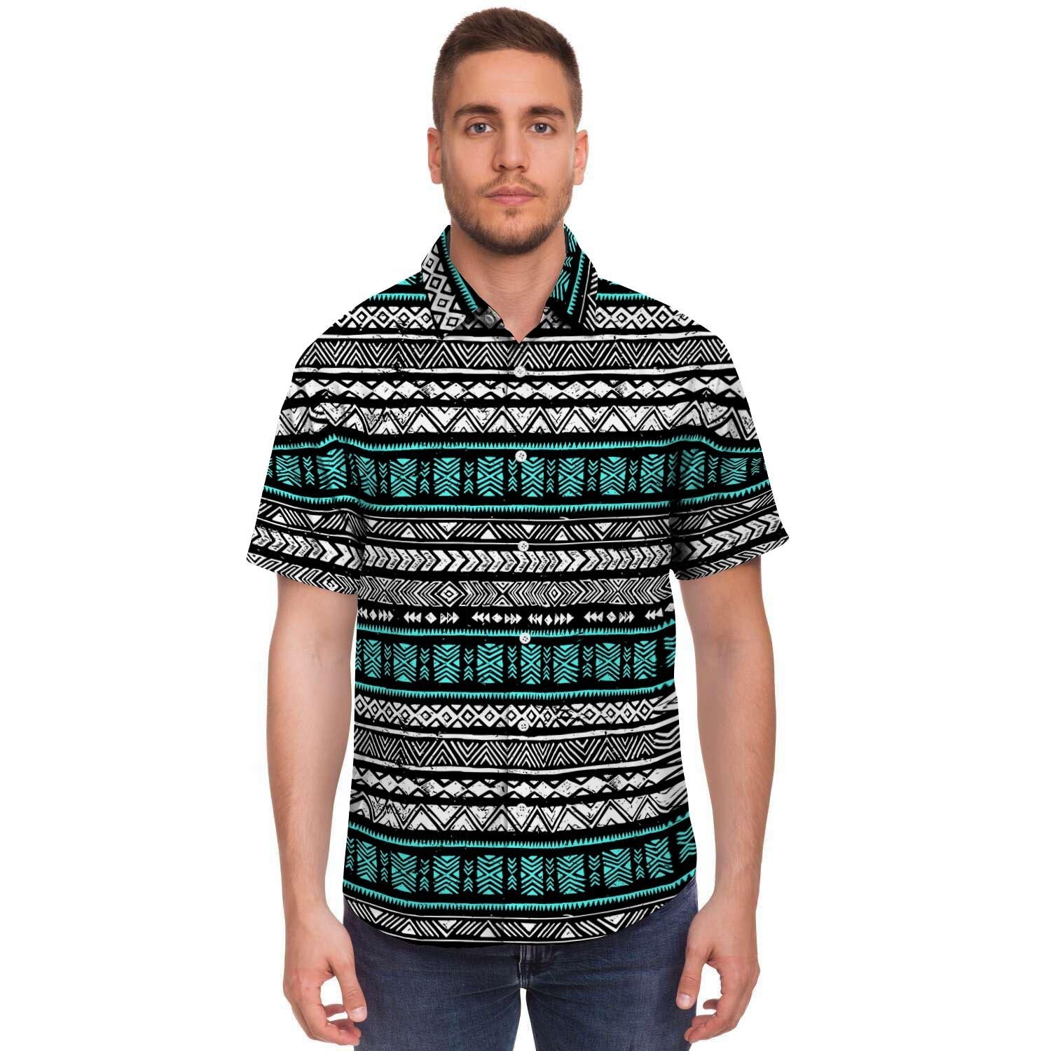 White and Turquoise Tribal Navajo Hand Drawn Men's Short Sleeve Shirt-grizzshop