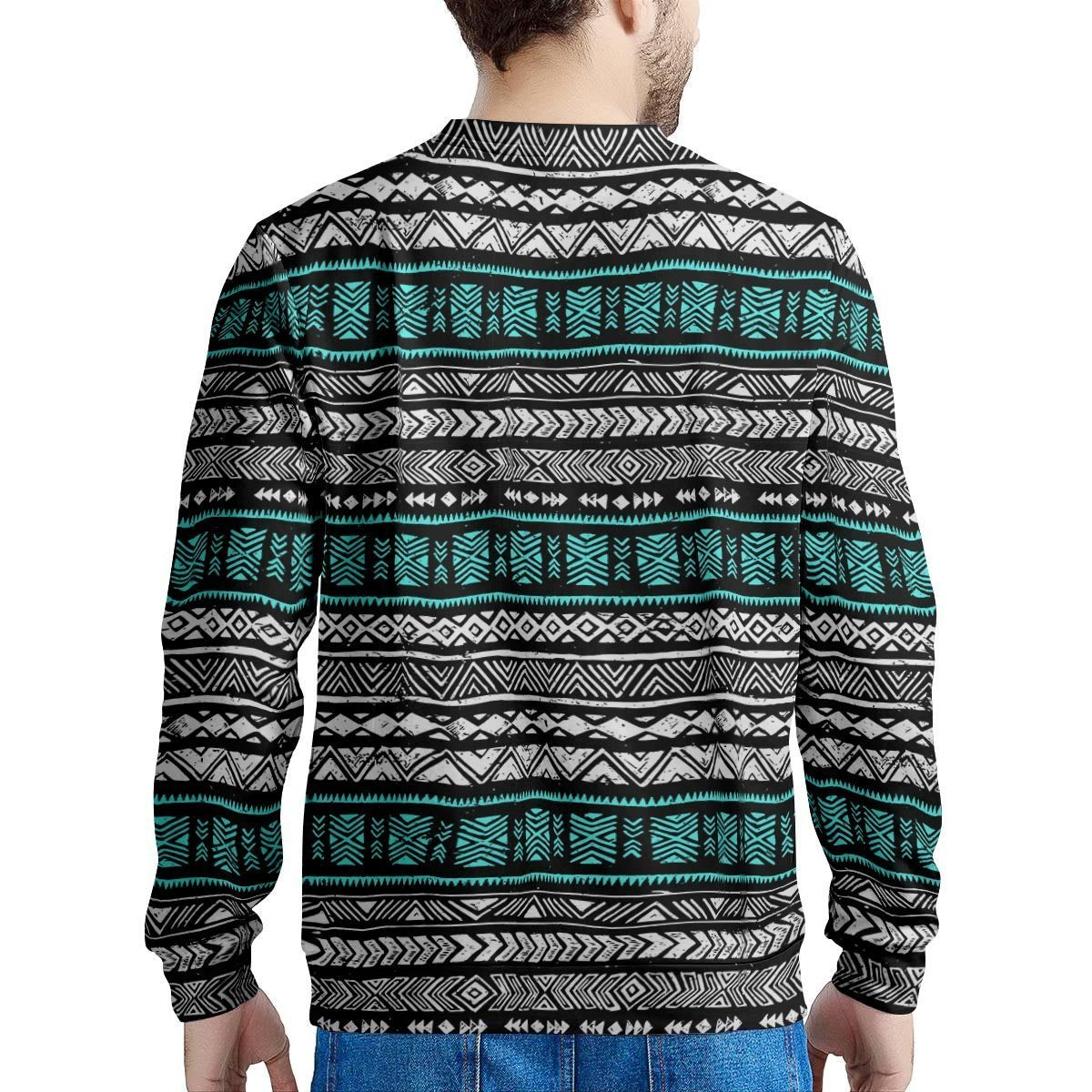 White and Turquoise Tribal Navajo Hand Drawn Men's Sweatshirt-grizzshop